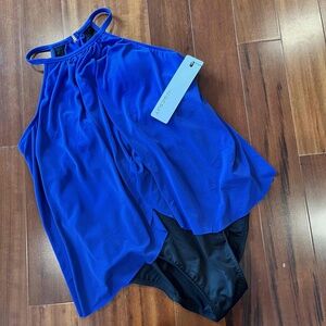 New NWT Magicsuit Blue Black One Piece Swimsuit Tankini Layered Top Swim Size 8